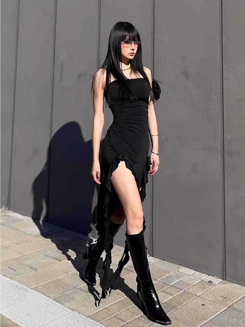 ICVIBE ONLY Black Ruffle Maxi Dress | Size S | High-Slit Design